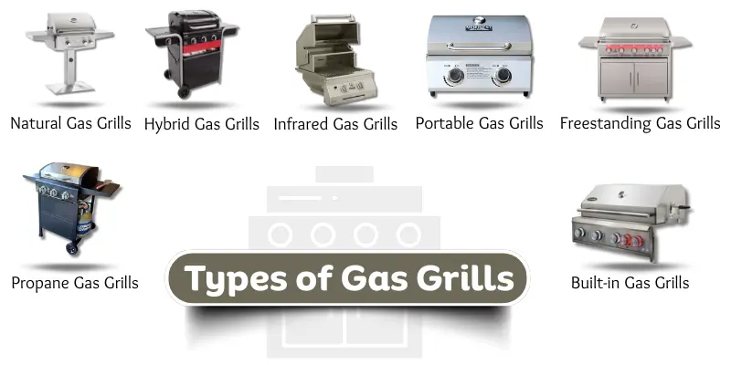 Image showing different types of gas grills, including natural, hybrid, propane, and built-in models.