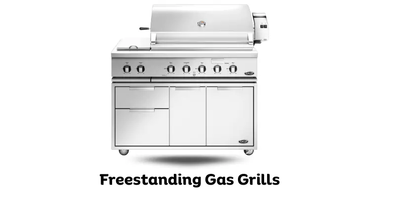 Image of freestanding gas grill with stainless steel finish and multiple burners.