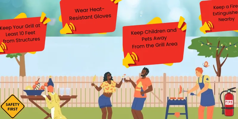 Grill Safety Tips: 20 Easy Ways to Stay Safe While Cooking Outdoors Illustration of backyard grilling with safety tips like gloves, extinguisher, and kid-free zone.