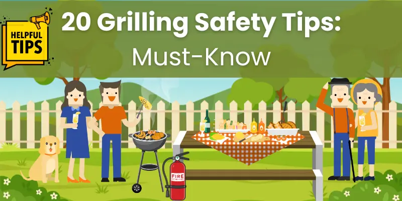 Grill Safety Tips: 20 Easy Ways to Stay Safe While Cooking Outdoors Family grilling safely outdoors with fire extinguisher and safety gear, showing grill safety tips.