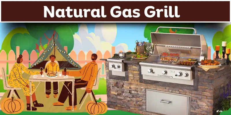 Natural gas grill with food cooking in an outdoor setting.