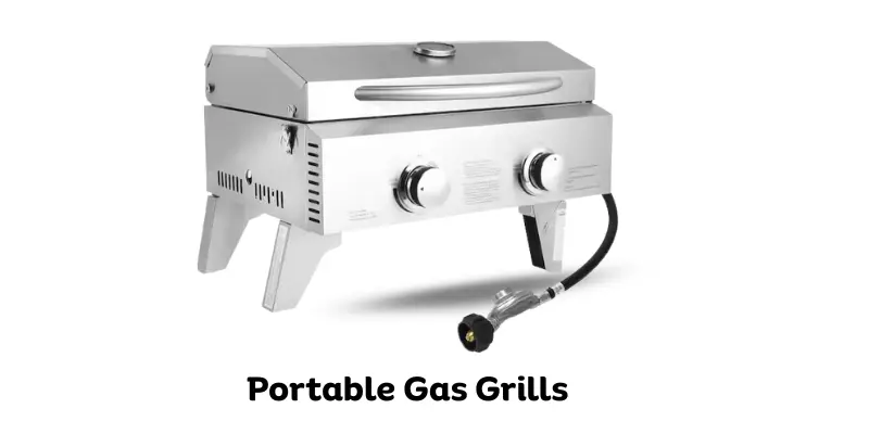 Portable gas grill with two burners and compact design.