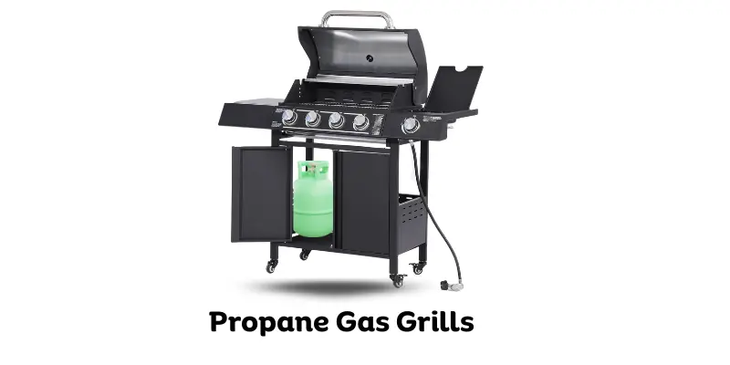 Propane gas grill with a propane gas tank and storage space.